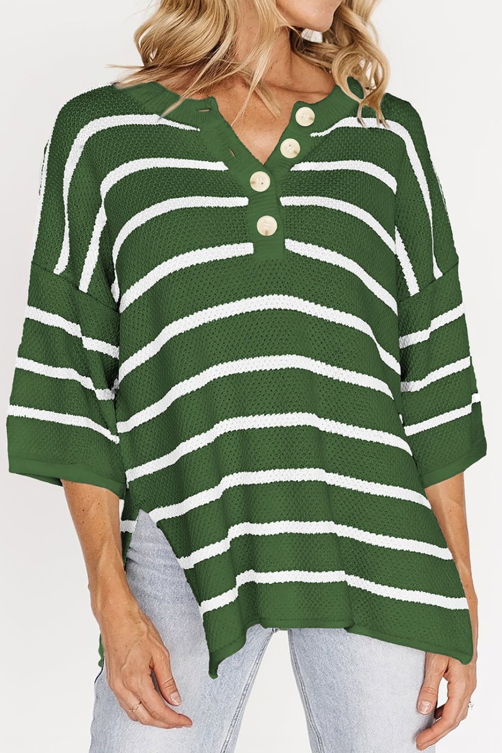 Stripe Drop Shoulder Side Slit Knit Top - felvior