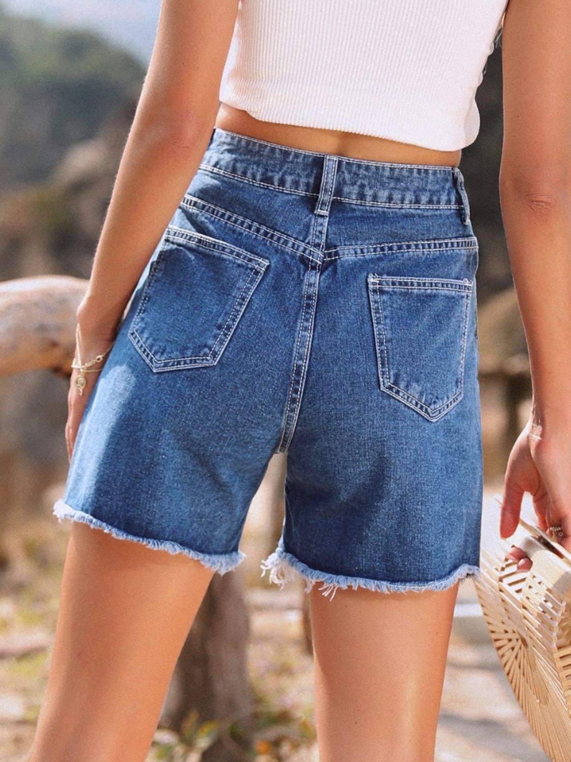 Raw Hem High Waist Denim Shorts - felvior