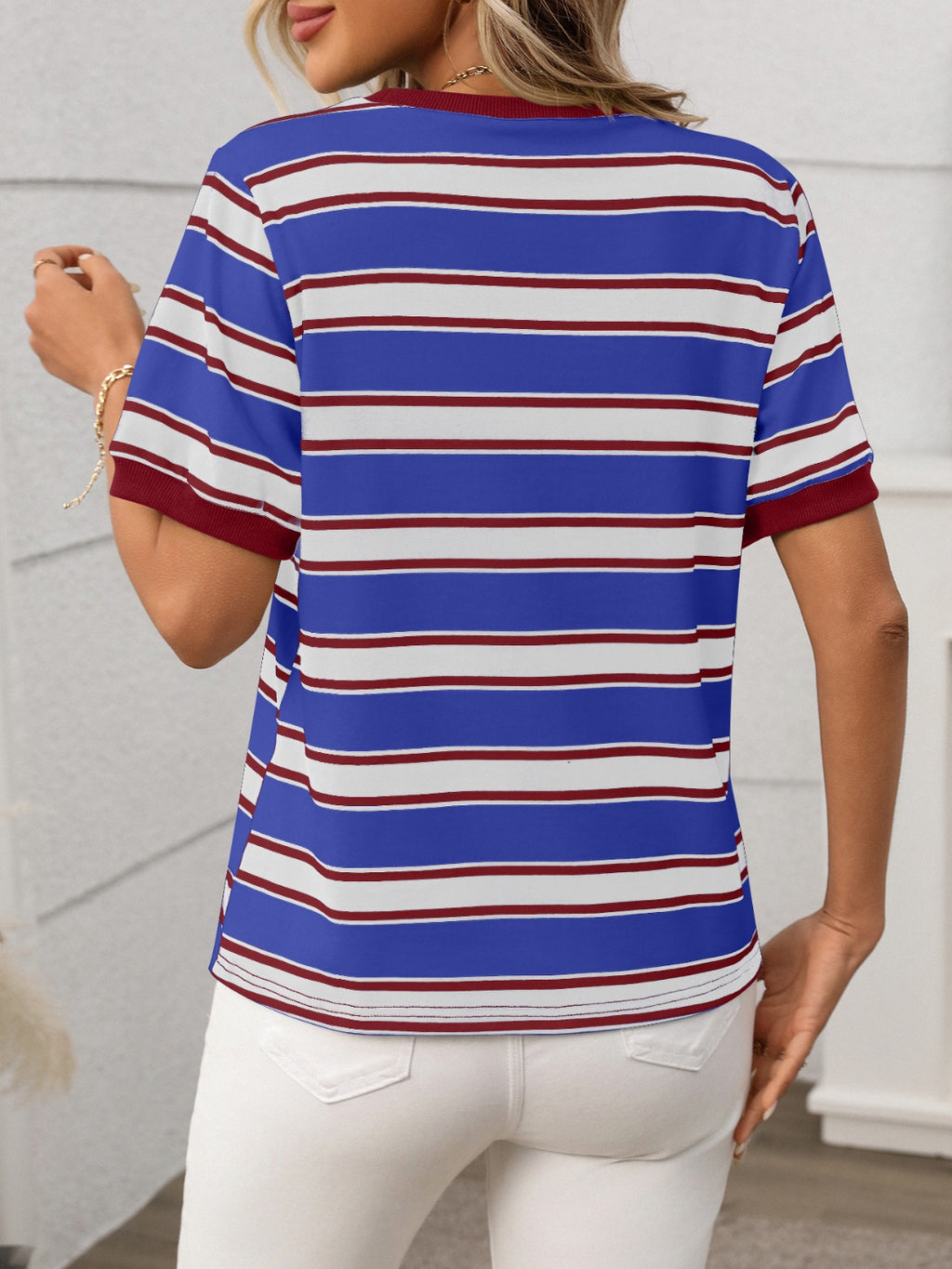 Contrast Striped Round Neck Short Sleeve T-Shirt
