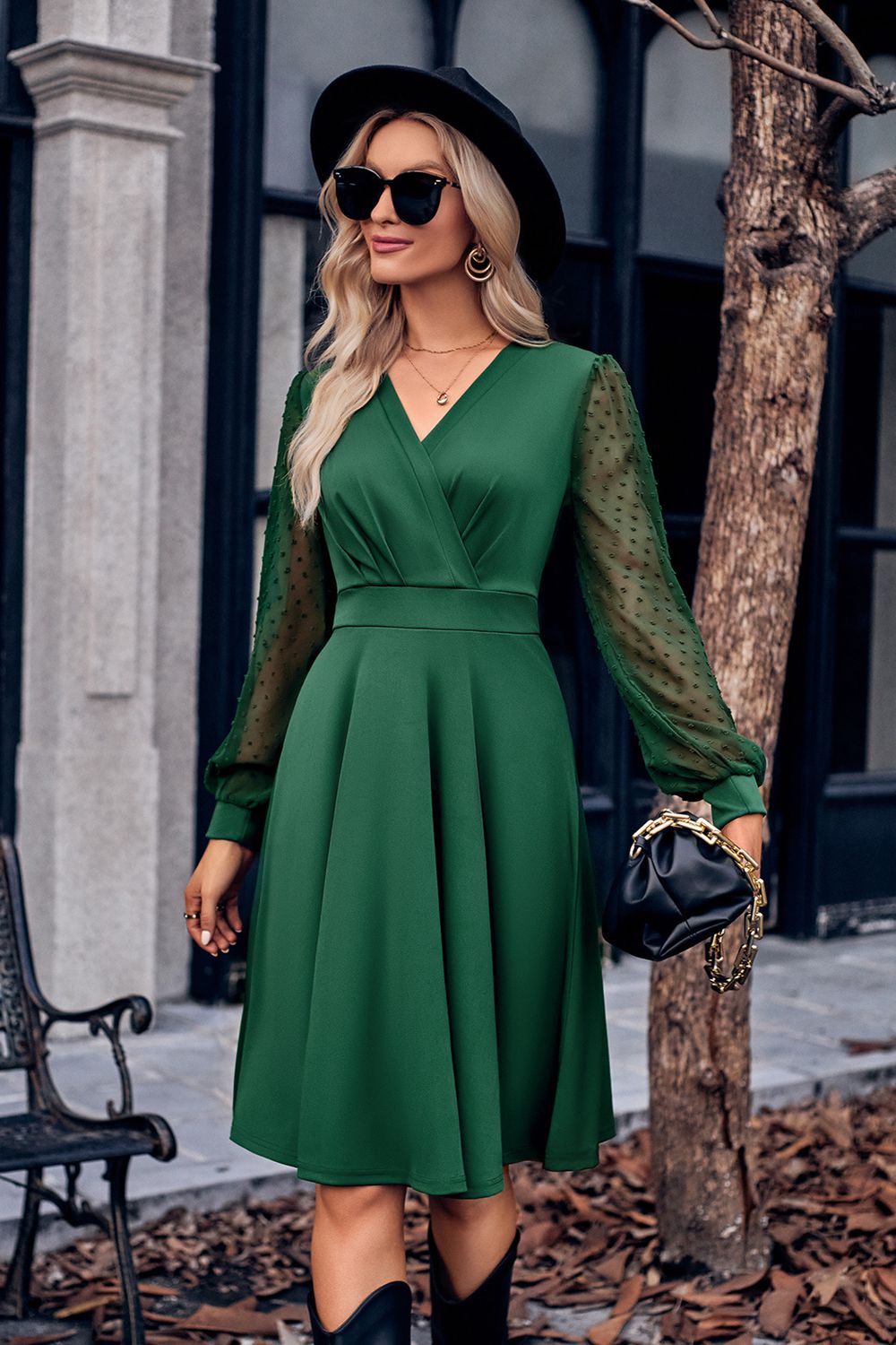 Surplice Neck Swiss Dot Long Sleeve Dress - felvior