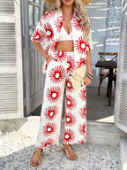 Devine Printed Collared Neck Half Sleeve Top and Pants Set