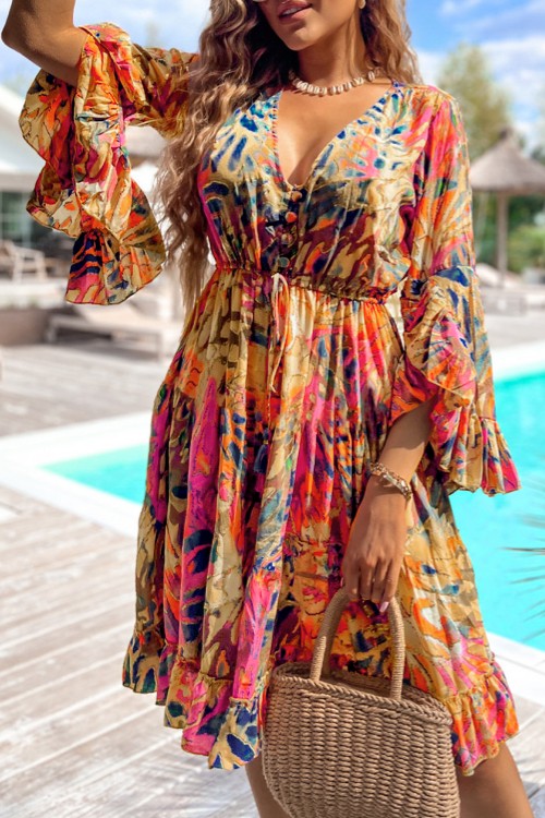Printed Flare Sleeve Ruffled Hem Dress - felvior