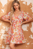 Floral Print V-Neck Short Sleeve Frill Trim Mini Dress - felvior
