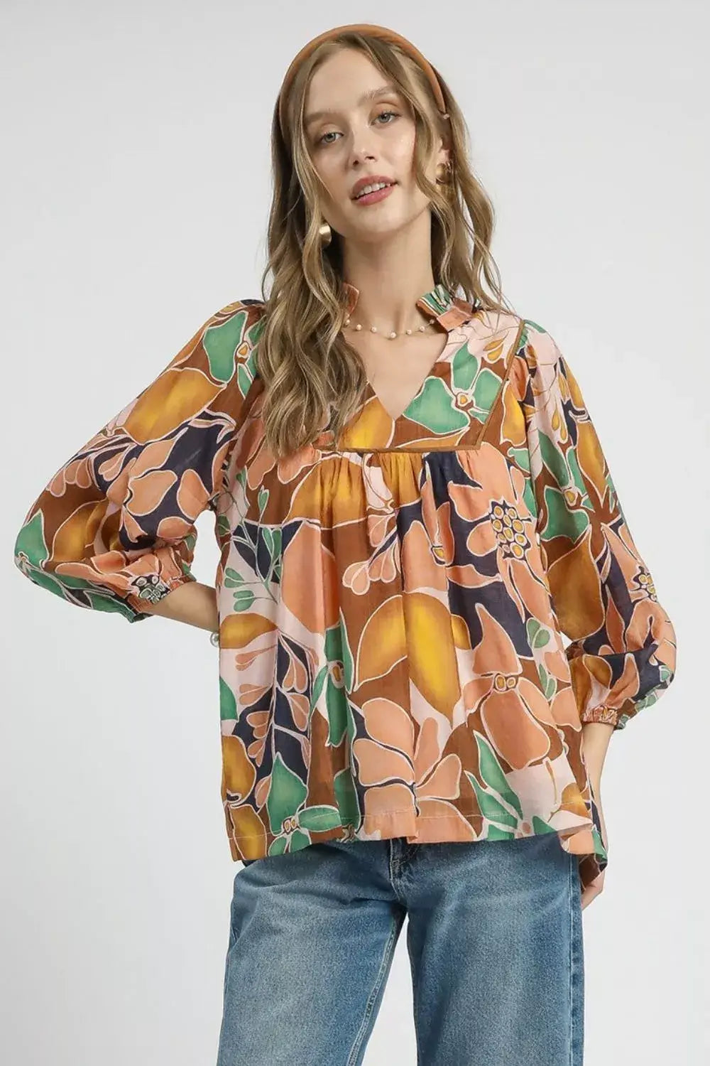 Umgee Multicolor Abstract Floral Print Blouse with Ruffle Neck Image principale du produit