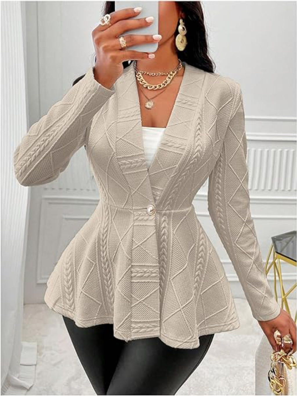 One Button Textured Peplum Cardigan