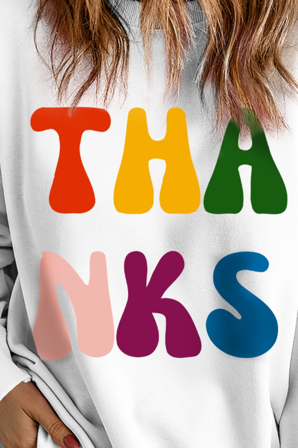 THANKS Round Neck Long Sleeve Sweatshirt - felvior