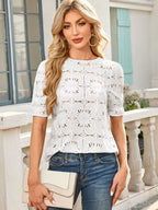 Openwork Round Neck Short Sleeve Top