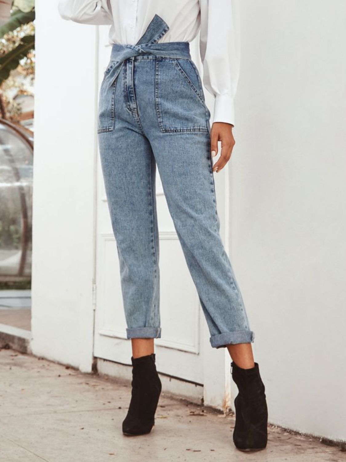 Tied Straight Leg Jeans with Pockets - felvior