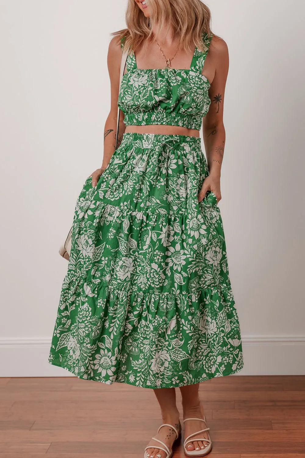 Floral Print Shirred Crop Top and Midi Skirt Set - felvior