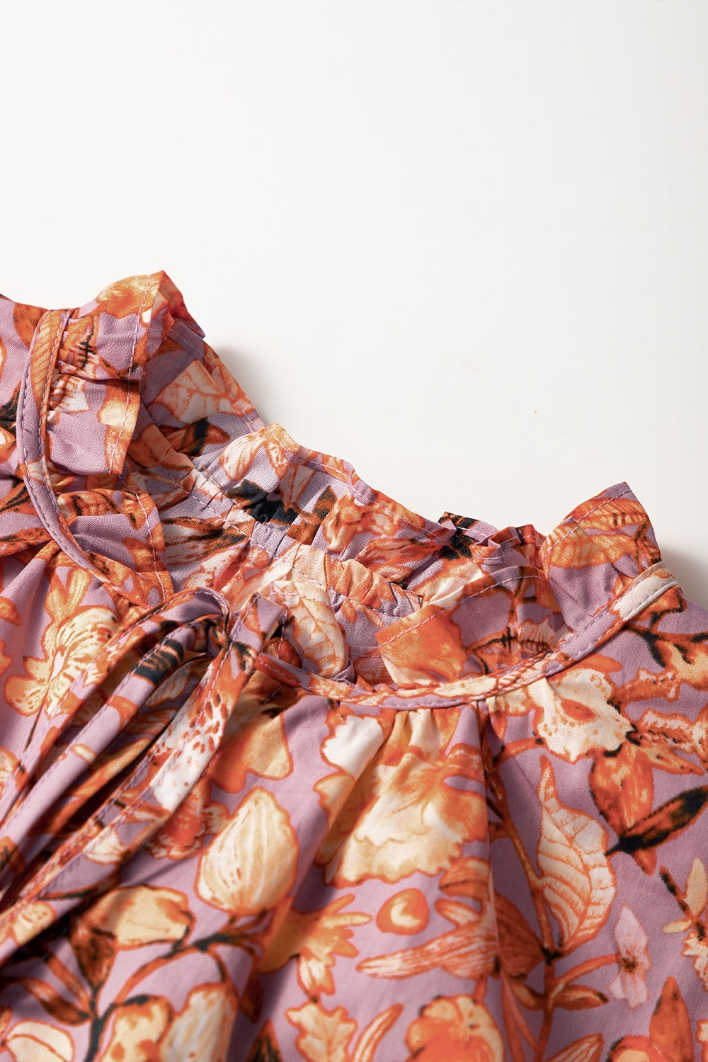 Floral Ruffled Layered Short Sleeve Tie Neck Blouse - felvior
