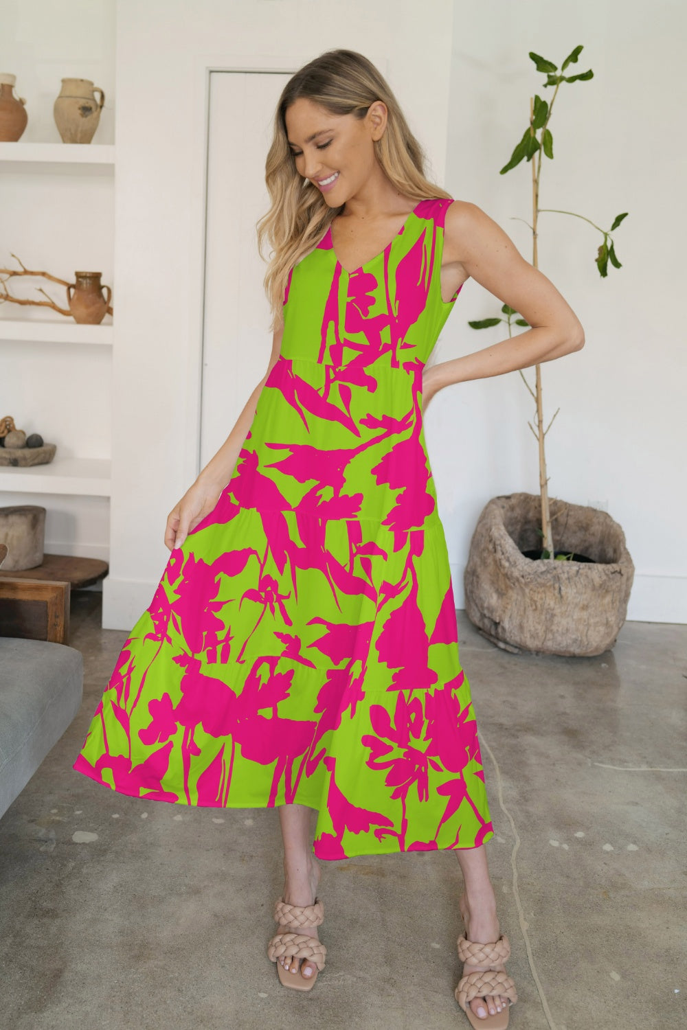 FAM-FAM Tiered Printed V-Neck Sleeveless Dress - felvior