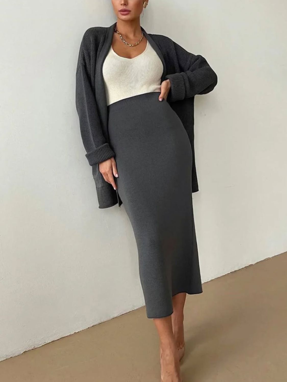 Pocketed Long Sleeve Cardigan and Skirt Sweater Set - felvior