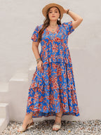 Plus Size Ruffled Printed V-Neck Short Sleeve Maxi Dress