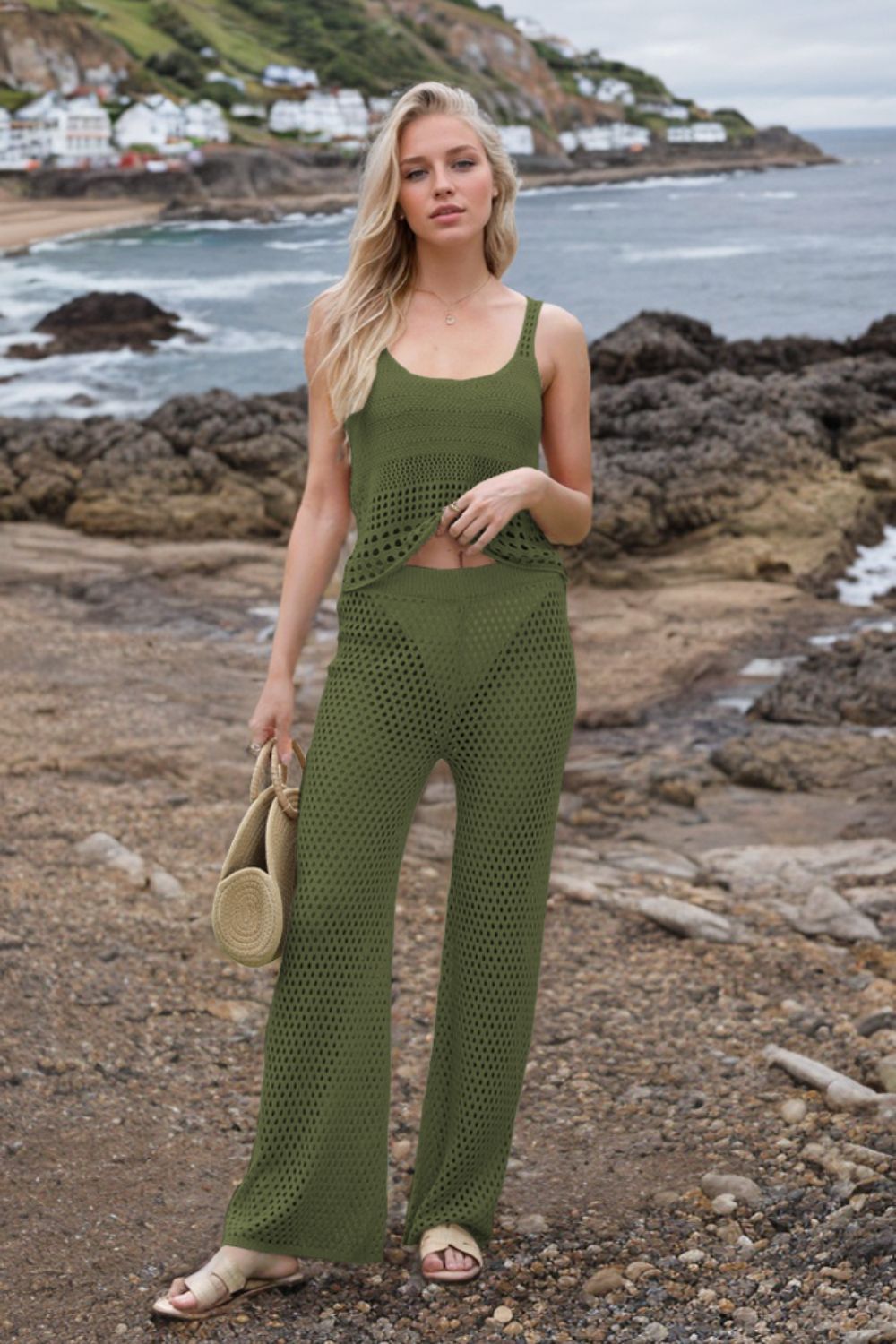 Hollow Out Round Neck Top and Pants Sweater Cover Up Set - felvior
