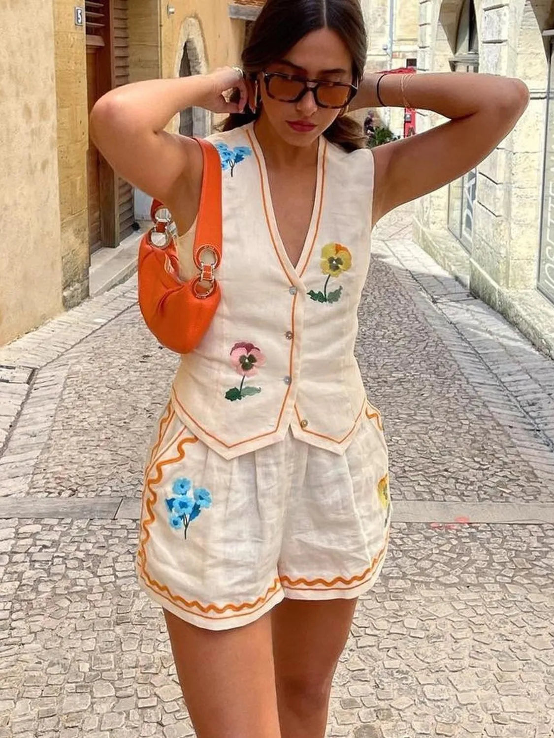 Embroidered V-Neck Vest and Shorts Set - felvior