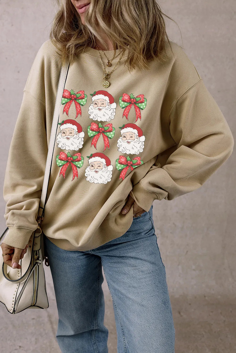 Santa Graphic Round Neck Long Sleeve Sweatshirt - felvior