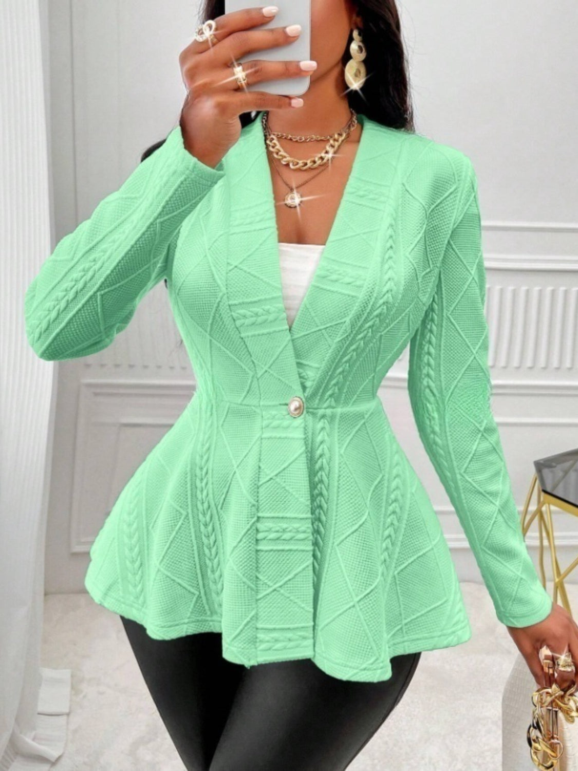 One Button Textured Peplum Cardigan - felvior