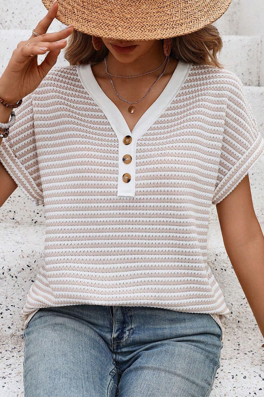 Stripe Buttoned Front V Neck T Shirt