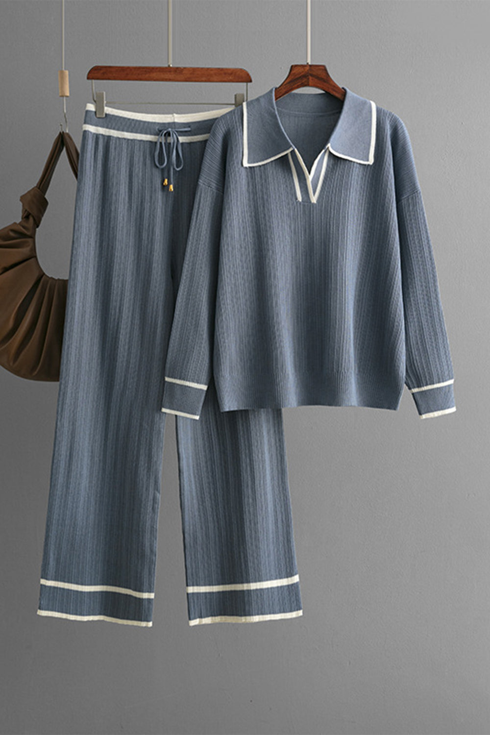 Contrast Trim Johnny Collar Top and Drawstring Pants Sweater Set - felvior