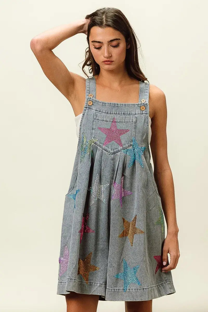 BiBi Star Rhinestone Washed Wide Leg Shortalls