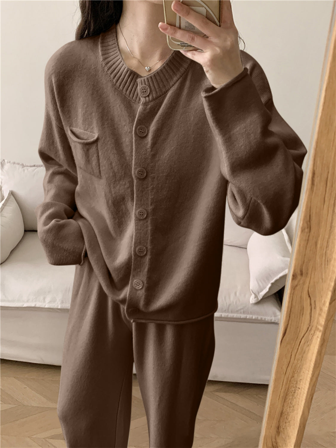 Pocketed Round Neck Button Up Cardigan and Pants Sweater Set - felvior