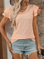 Eyelet V-Neck Ruffled Cap Sleeve Top