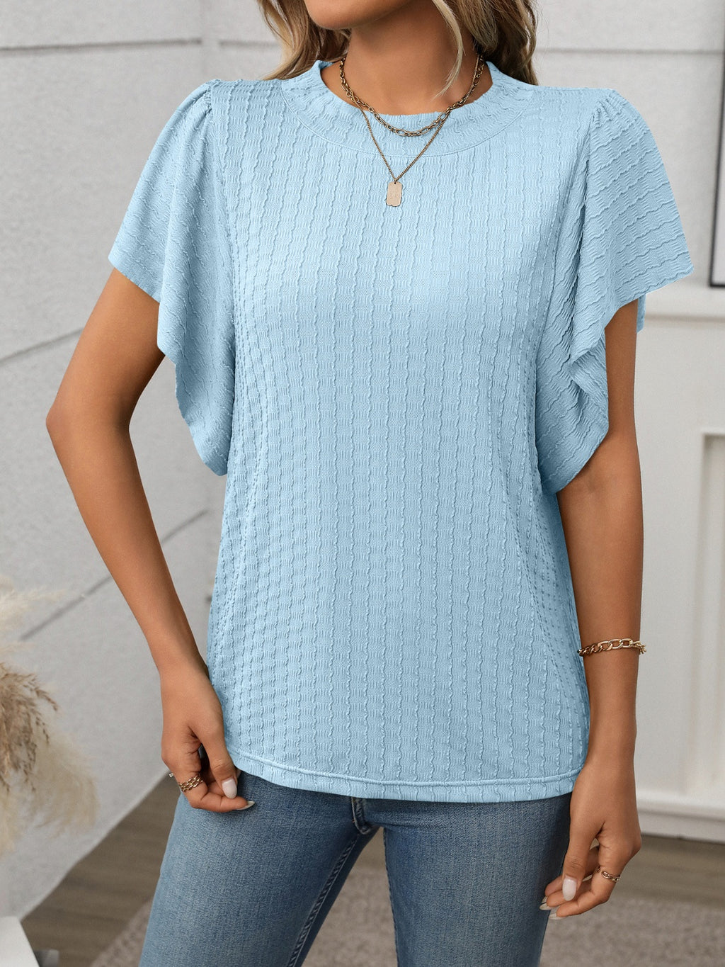 Round Neck Flutter Sleeve T-Shirt