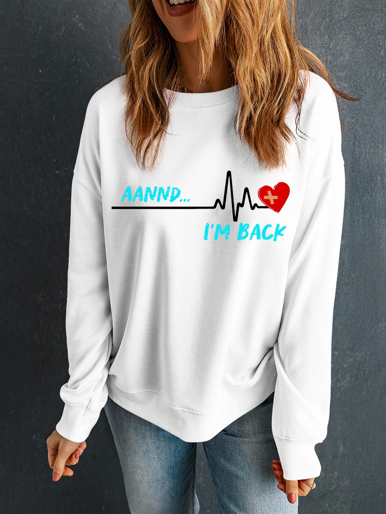 Graphic Round Neck Long Sleeve Sweatshirt - felvior