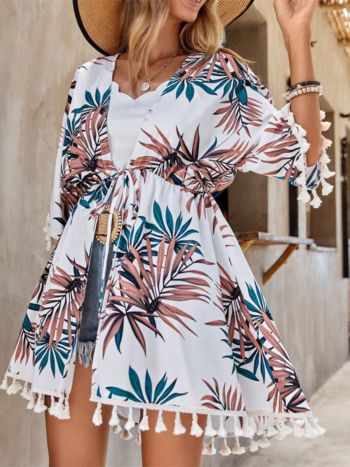 Tassel Tied Printed Half Sleeve Cover Up - felvior