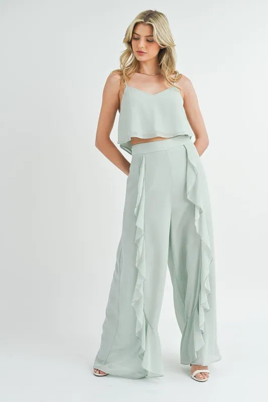 MABLE Crop Cami and Ruffled Wide Leg Pants Set - felvior