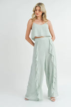 MABLE Crop Cami and Ruffled Wide Leg Pants Set