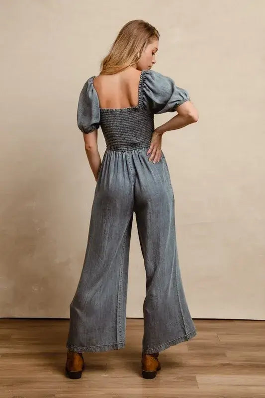 BiBi Smocked Washed Puff Sleeve Square Neck Denim Jumpsuit