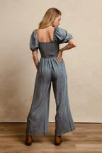 BiBi Smocked Washed Puff Sleeve Square Neck Denim Jumpsuit