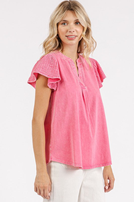 Mittoshop Mix Media Ruffle Short Sleeve Mineral Wash Top - felvior