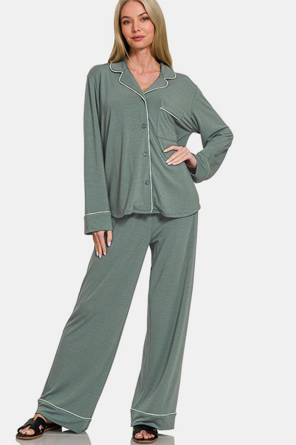 Zenana Button Down Long Sleeve Top and Pants Lounge Set - felvior