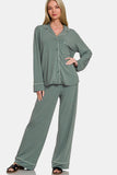 Zenana Button Down Long Sleeve Top and Pants Lounge Set - felvior