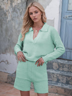 Johnny Collar Long Sleeve Top and Shorts Sweater Set