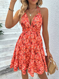 Honey Floral Halter Neck Backless Dress - felvior