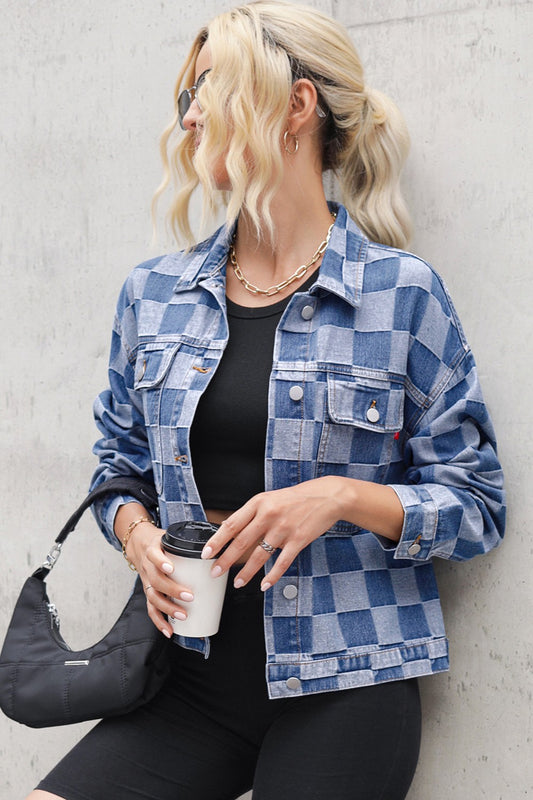 Checkered Button Up Long Sleeve Denim Jacket - felvior