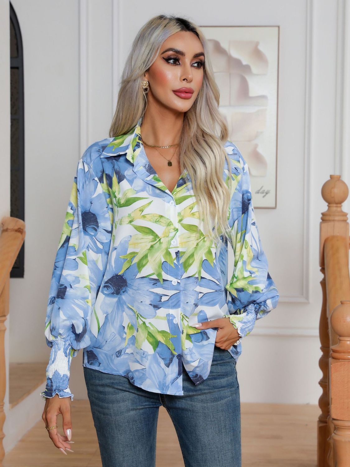 Button Down Printed Long Sleeve Shirt - felvior