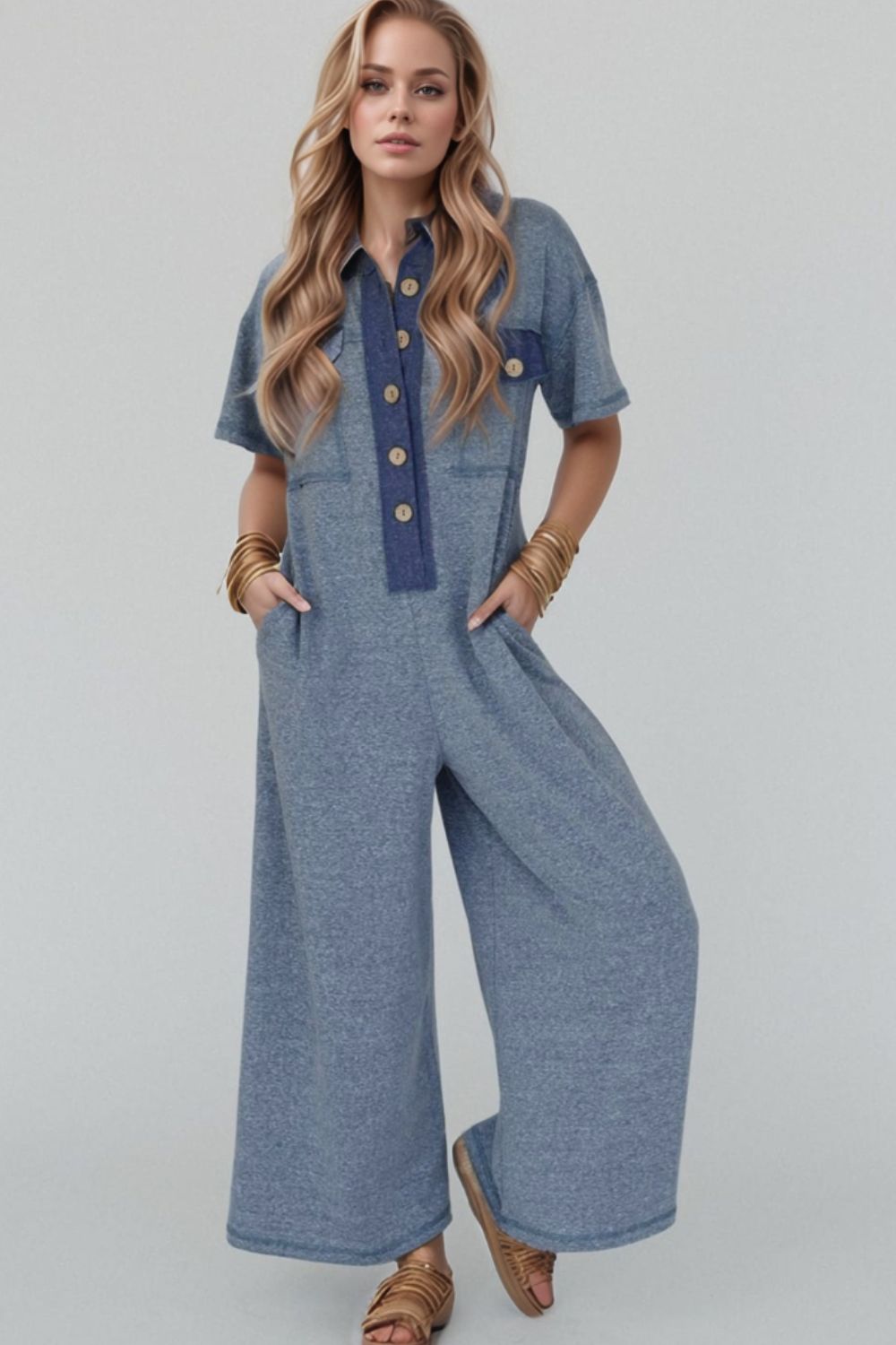 Placket Chest Pockets Short Sleeve Wide Leg Jumpsuit Secondary image