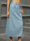 Slit Button Detail Denim Midi Skirt - felvior