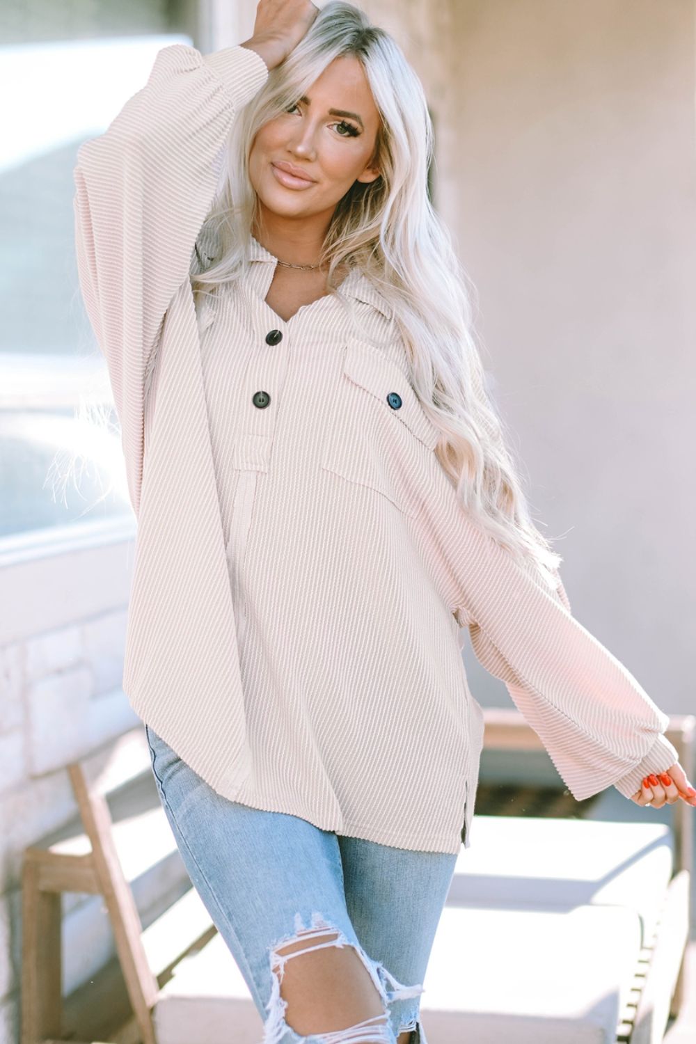 Collared Neck Half Button Long Sleeve Blouse - felvior