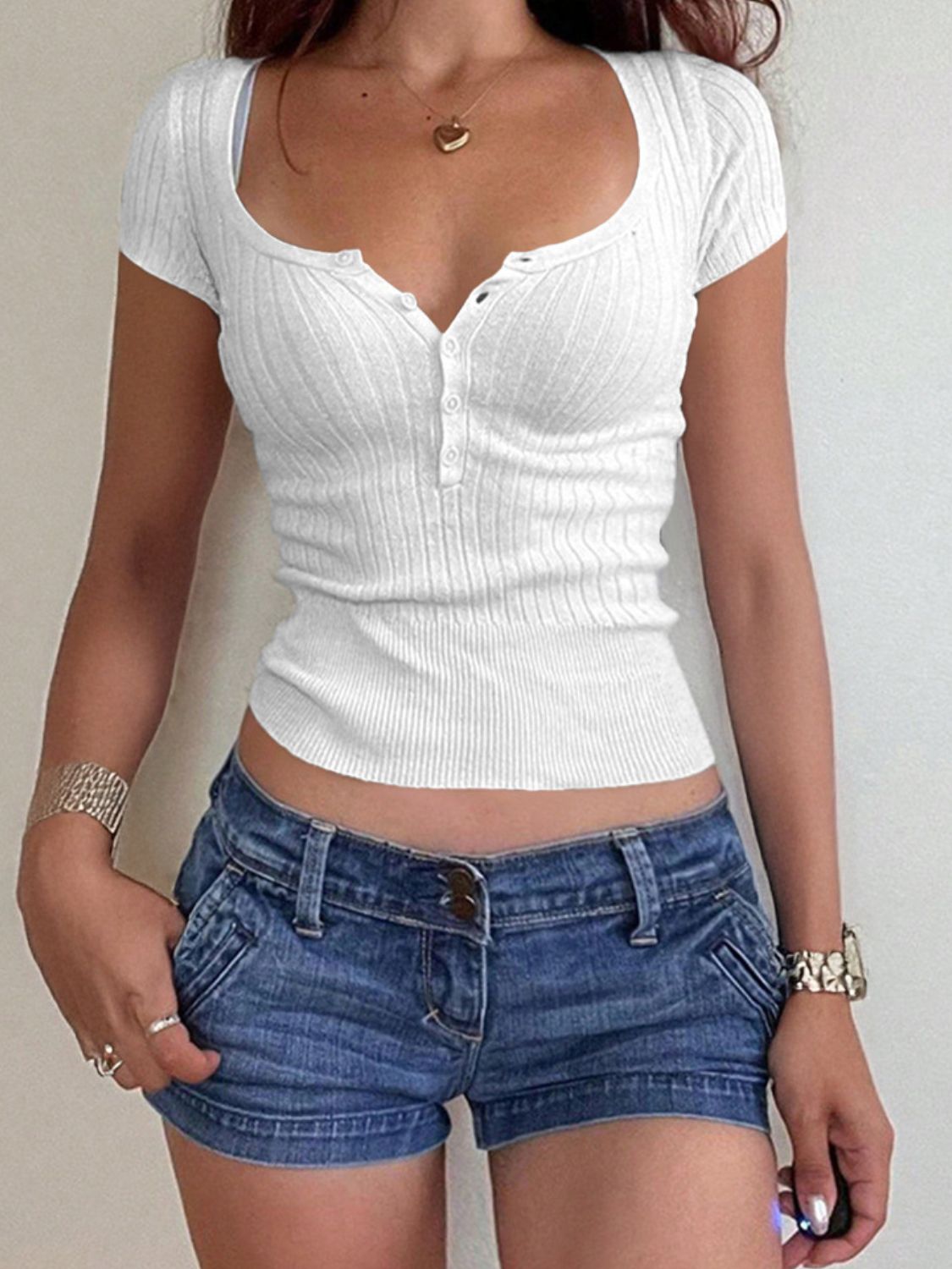 Half Button Scoop Neck Short Sleeve Knit Top - felvior