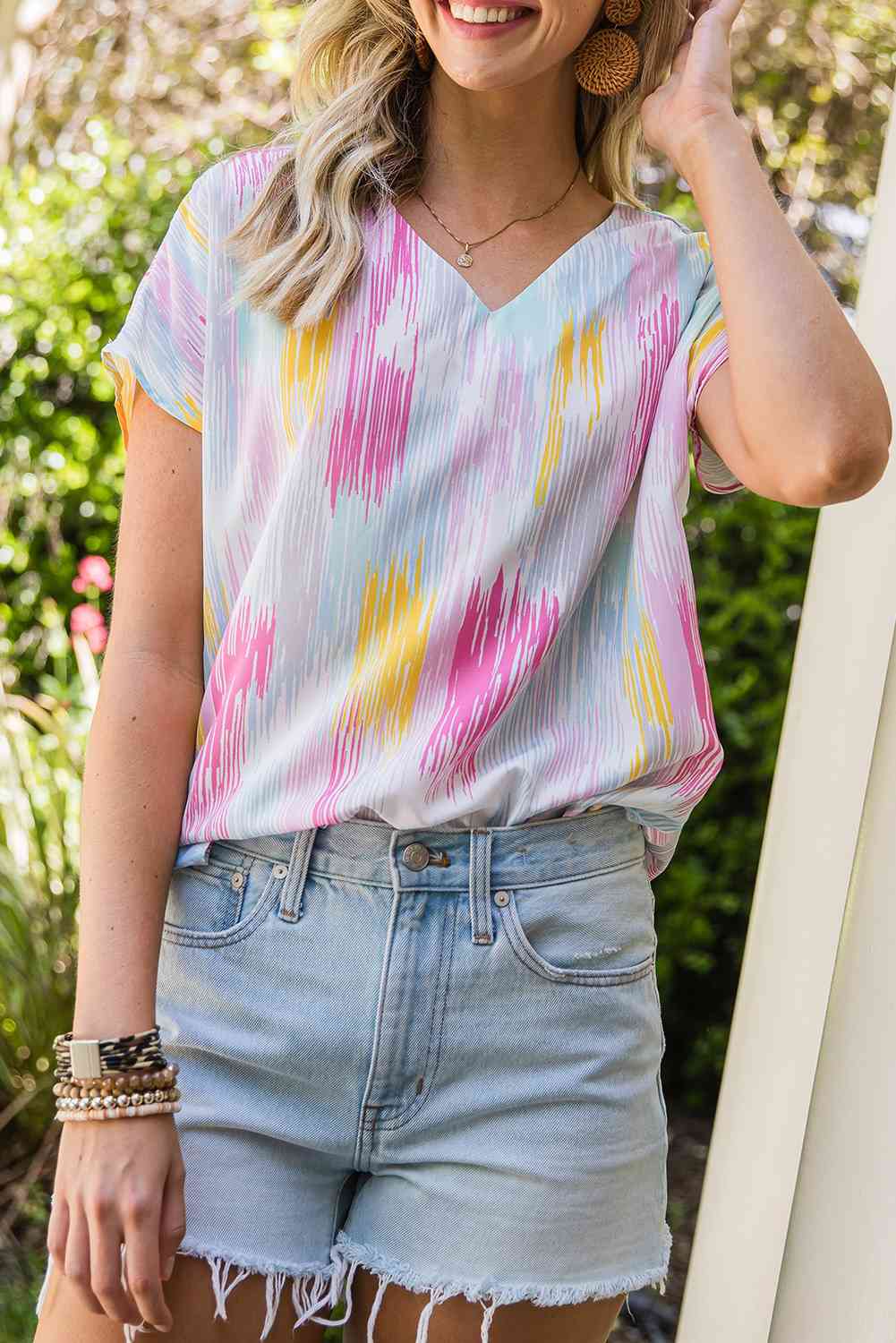 High-Low V-Neck Short Sleeve Blouse - felvior