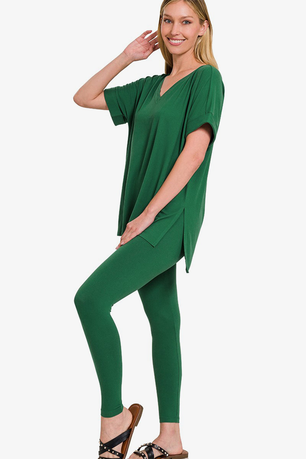 Zenana V-Neck Rolled Short Sleeve T-Shirt and Leggings Lounge Set - felvior