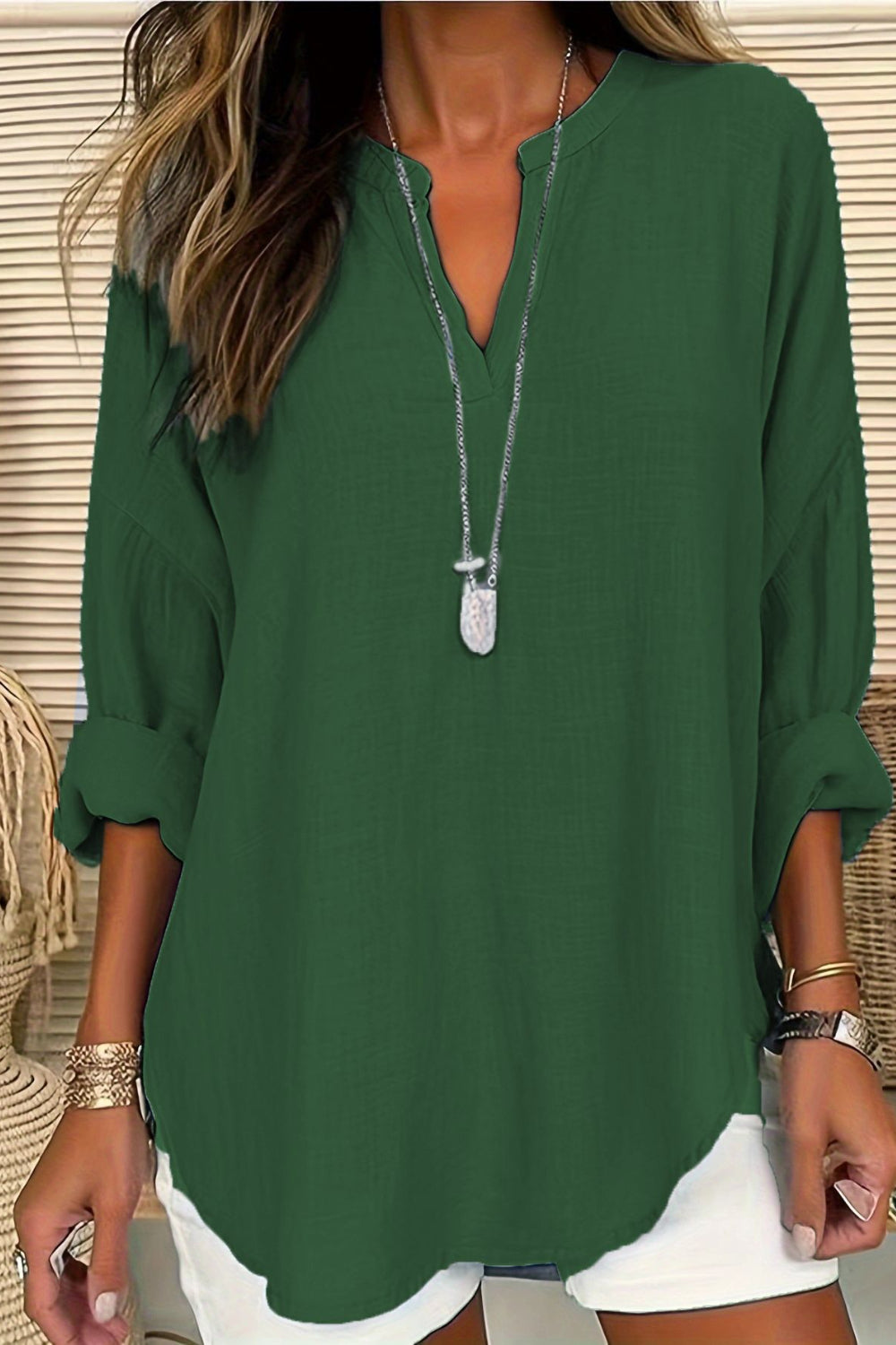 Solid Color Notched Long Sleeve Blouse - felvior