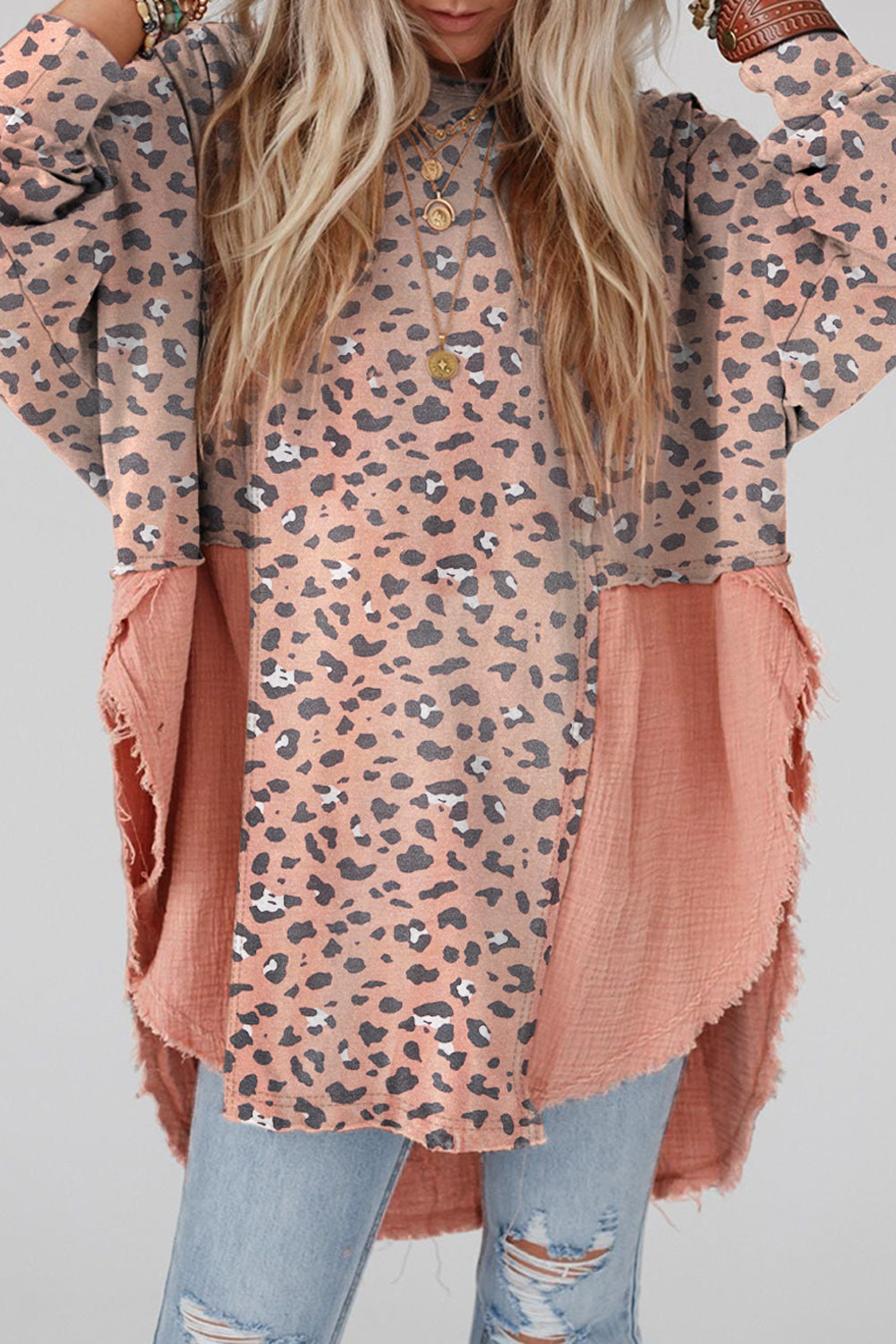 Textured Leopard Dropped Shoulder Blouse - felvior