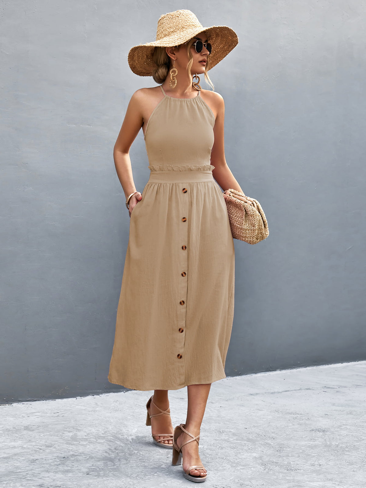 Buttoned Halter Neck Frill Trim Midi Dress - felvior