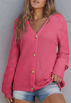 Openwork V-Neck Button Up Cardigan
